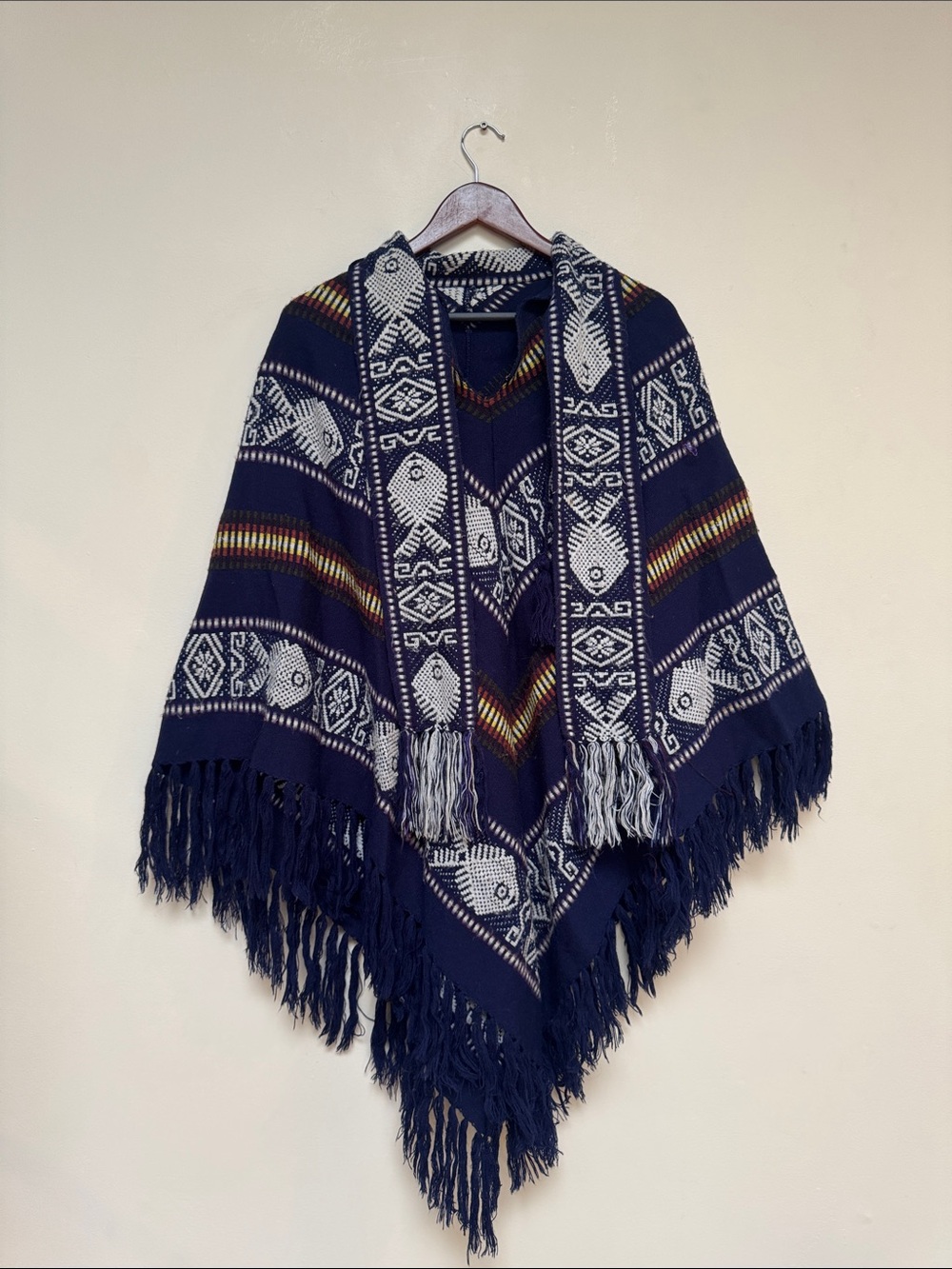 Vintage Navy Blue and Cream Fringed Poncho